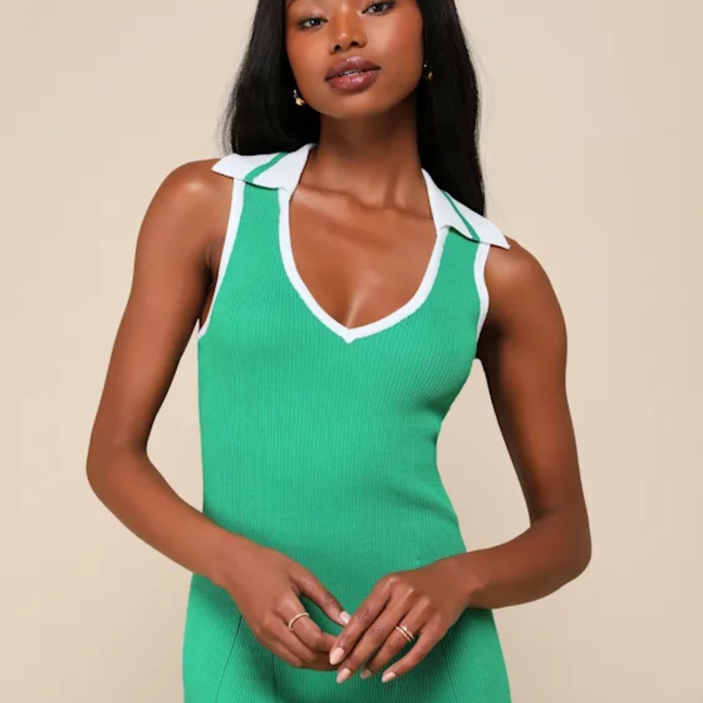 Lulus Green Sleeveless Knit Dress with White Collar